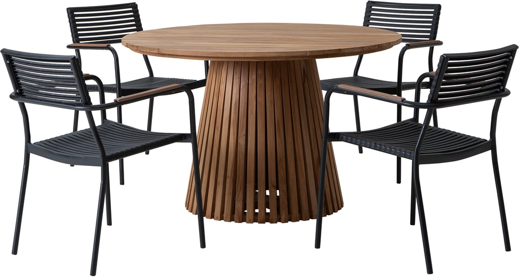 Deco & Calle ruokailuryhmä pyöreä 120cm neljälle: Tyylikäs pyöreä ruokapöytä 120 cm, luonnon tiikkiä, täydellinen ulkotiloihin. Mukana 4 pinottavaa mustaa tuolia. Luo viihtyisä ruokailualue terassille tai puutarhaan.
