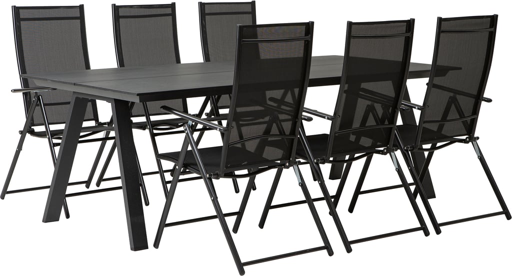Messina & Seattle ruokailuryhmä 220x100 kuudelle Musta säätötuoli: Tyylikäs musta ruokailuryhmä ulos, sisältää 220x100 cm pöydän ja 6 Seattle-saatotuolia. Erinomainen valinta terassille tai puutarhaan.