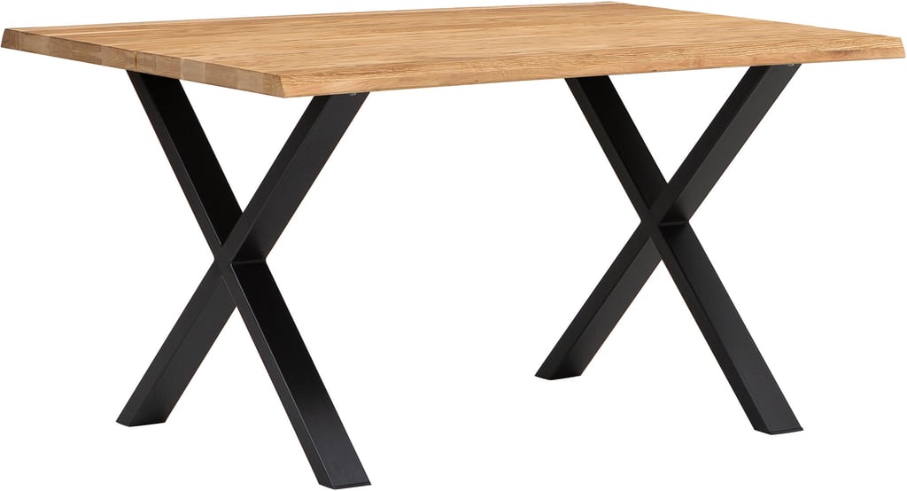 Estelle lankkupöytä 140x95 öljytty tammi, X-jalalla: Tyylikäs ruokapöytä neljälle, öljytty tammi ja luonnollinen reuna, täydellinen ruokailutilaan tai keittiöön. Kestävä ja kaunis valinta!