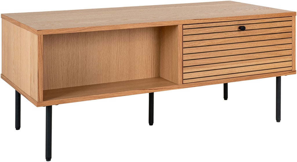 Kyoto sohvapöytä, 2 laatikkoa, natural tammiviilu, mustat metallijalat, 50x100x45 cm