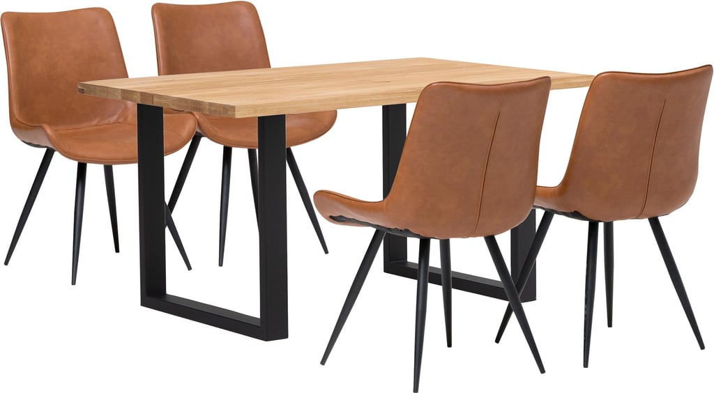 Isla & Chic ruokailuryhmä (1+4): Tyylikäs ruokailuryhmä neljälle, sisältäen U-lankkupöydän (140x95) ja ruskeat Chic-tuolit. Sopii moderniin ruokailutilaan.