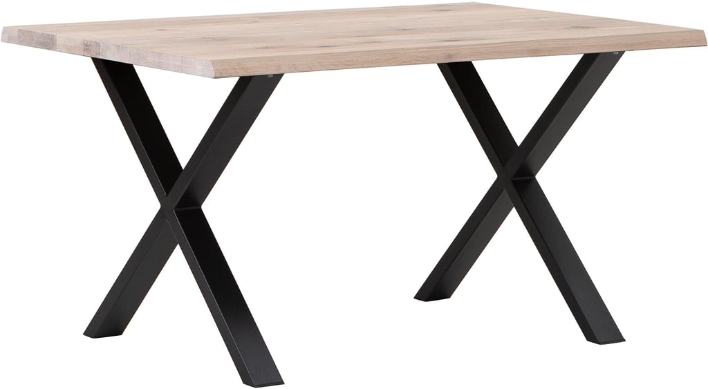 Estelle lankkupöytä 140x95 valkoöljytty, X-jalalla: Tyylikäs ruokapöytä neljälle, valkoöljytty tammi, luonnollinen wild edge -reunus. Sopii moderniin ruokailutilaan ja antaa kodikkuutta.