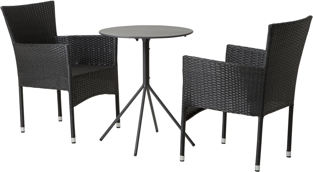 Trento & Bolton ruokailuryhmä pyöreä 60cm kahdelle musta/musta: Tyylikäs Trento parvekepöytä (60 cm) ja kaksi Bolton tuolia mustana. Täydellinen ruokailuryhmä ulos terassille tai parvekkeelle. Kestävä ja moderni muotoilu.