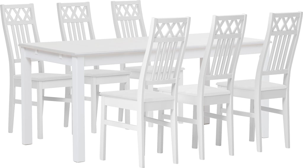 Hovi ruokailuryhmä 170x85 kuudelle, valkoinen: Tyylikäs valkoinen ruokailuryhmä kuudelle, sisältää avaran pöydän (170x85 cm) ja modernit tuolit. Täydellinen ruokailutilaan tai keittiöön.
