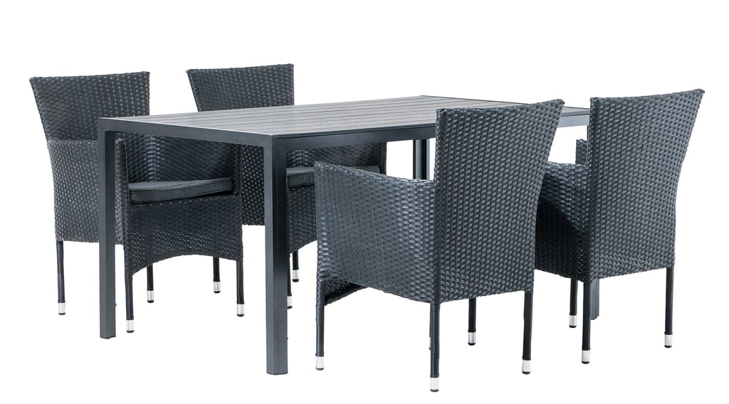 Seattle & Bolton ruokailuryhmä 140x80cm neljälle: Tyylikäs musta ruokailuryhmä ulkokäyttöön, täydellinen terassille tai puutarhaan. Kestävä ja moderni muotoilu tuo mukavuutta kesäisiin illallisiin.