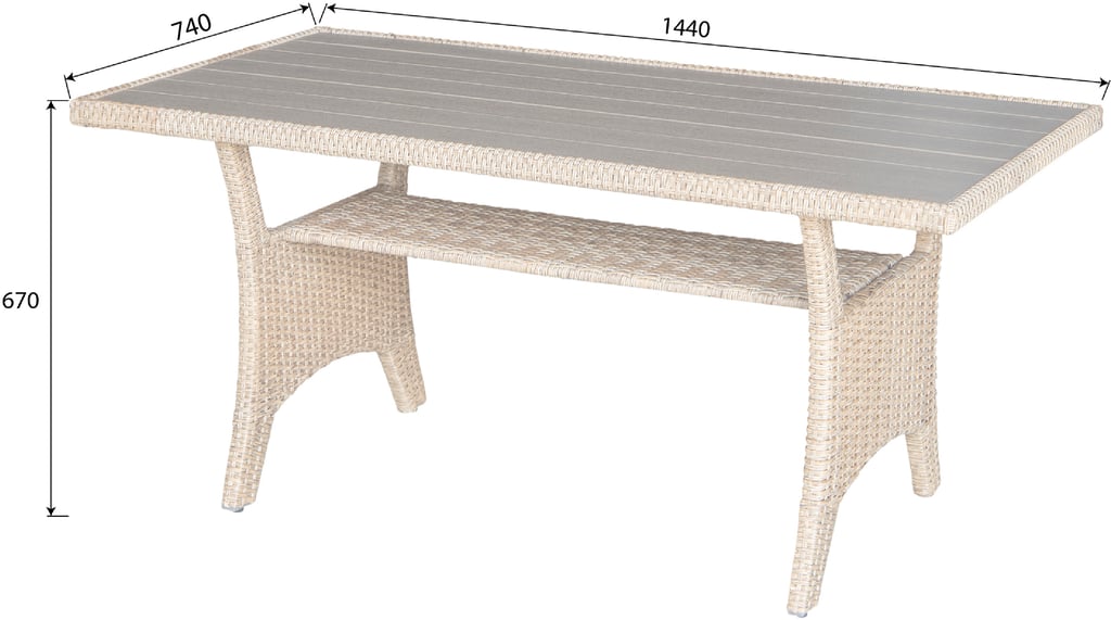 Savona sohvapöytä 144x67cm, harmaa/beige polyrottinki: Tyylikäs Savona-korkea sohvapöytä, 144x67 cm. VaaLeanharmaasta polyrottingista ja harmaasta nonwood-materiaalista, täydellinen terassille tai puutarhaan.