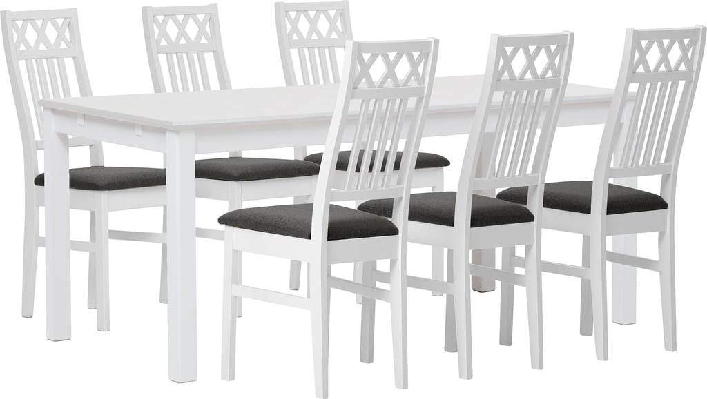 Hovi ruokailuryhmä 170x85. Valkoinen pöytä. Valkoinen tuoli, tummanharmaa verhoilu: Tyylikäs ruokailuryhmä kuudelle, jossa valkoinen pöytä (170x85 cm) ja tummanharmaalla verhoilulla varustetut valkoiset tuolit. Erinomainen valinta moderniin ruokailutilaan