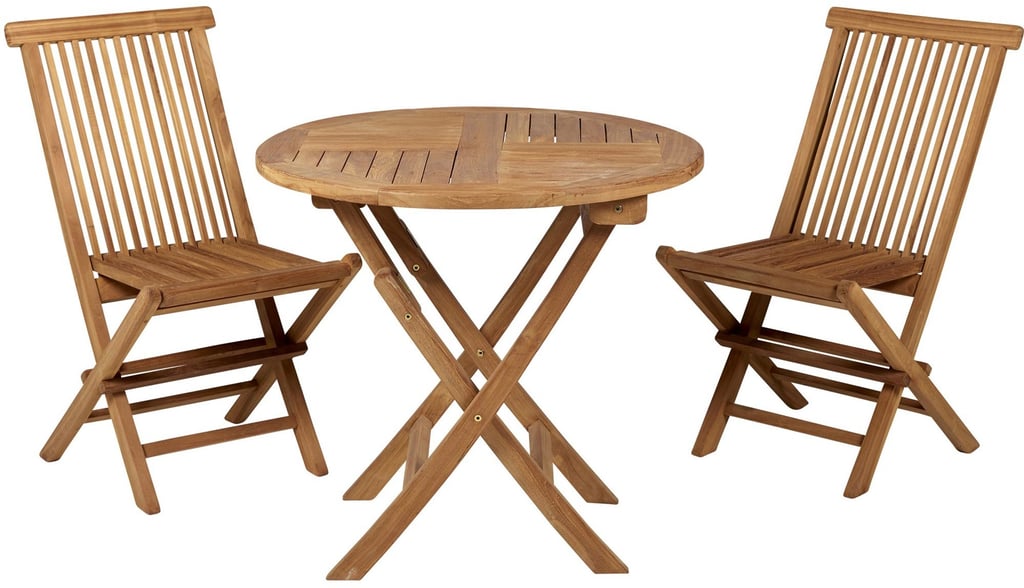 Malibu parvekeryhmä (1+2): Tyylikäs Malibu-parvekeryhmä, jossa taitettava 70 cm pöytä ja kestävä teak-puu. Täydellinen ruokailuhetkiin parvekkeella tai terassilla.