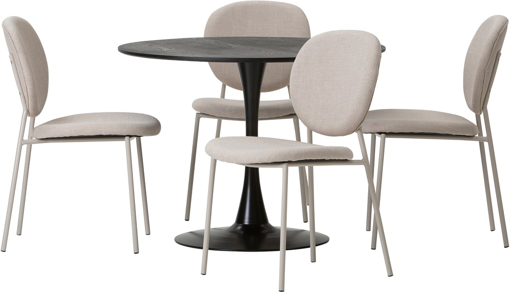 Apollo & Saga ruokailuryhmä pyöreä 100 cm neljälle. Musta pöytä / beige tuoli
