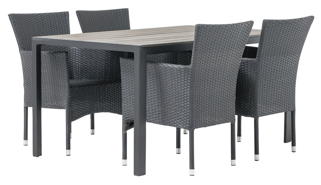 Dakota & Bolton ruokailuryhmä (1+4): Tyylikäs musta ruokailuryhmä ulkokäyttöön, sisältäen 150x90 cm pöydän ja mukavat tuolit. Erinomainen valinta terassille tai puutarhaan.
