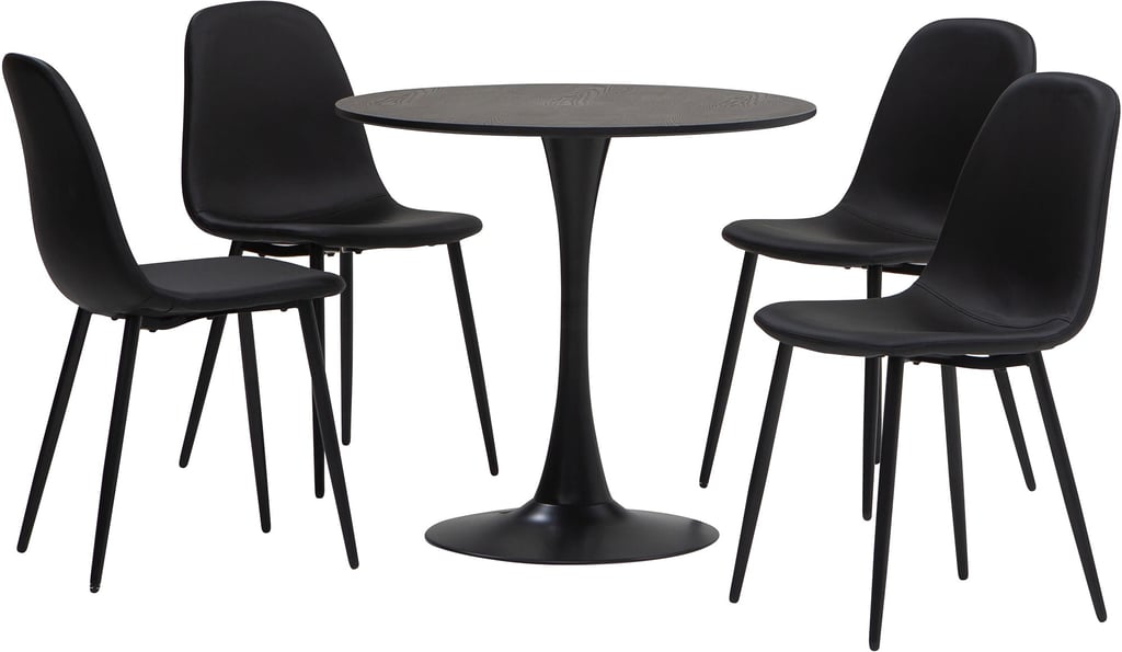 Apollo & Maria ruokailuryhmä 80cm neljälle musta: Tyylikäs pyöreä ruokapöytä, halkaisija 80 cm, täydellinen kahdelle. Sopii moderniin ruokailutilaan ja vie vähemmän tilaa. Mukana musta Maria-tuoli.