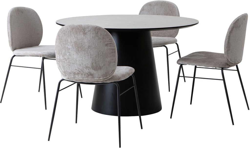 Sophie ruokailuryhmä pyöreä 120cm neljälle: Tyylikäs pyöreä ruokailuryhmä neljälle, beige-musta. Sopii täydellisesti moderniin ruokailutilaan. Kompakti 120 cm pöytä, tyylikkäät tuolit.
