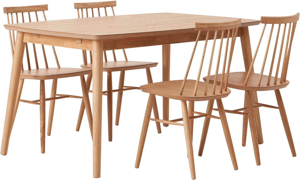 Reino ruokailuryhmä 140x90 neljälle, lakattu tammi: Tyylikäs ruokailuryhmä neljälle, lakattua tammea. Sopii täydellisesti moderniin ruokailutilaan, tuo lämpöä ja eleganssia pöytään.