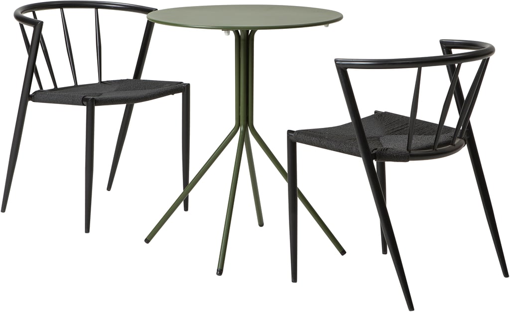Trento & Deco ruokailuryhmä pyöreä 60cm kahdelle: Tyylikäs Trento-parvekepöytä, halkaisija 60 cm, vihreä. Mukana 2 mustaa Deco-tuolia. Täydellinen ruokailuryhmä parvekkeelle tai terassille.