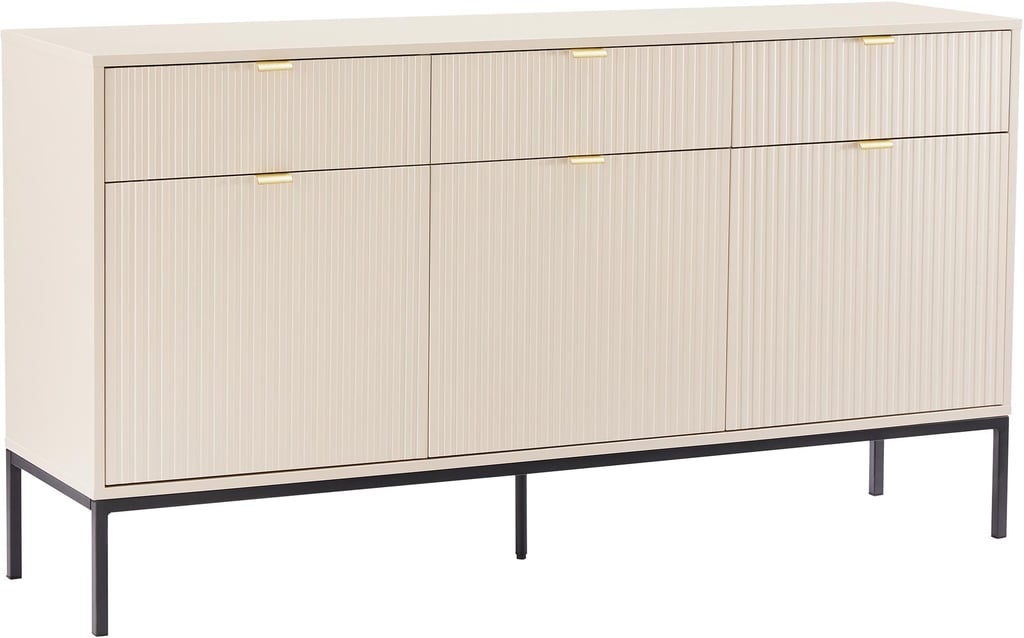 Caisa senkki leveä beige: Tyylikäs greige-senkki olohuoneeseen, tarjoaa modernia säilytystilaa ja eleganttia ilmettä. Viimeistele sisustuksesi tällä monikäyttöisellä kalusteella.
