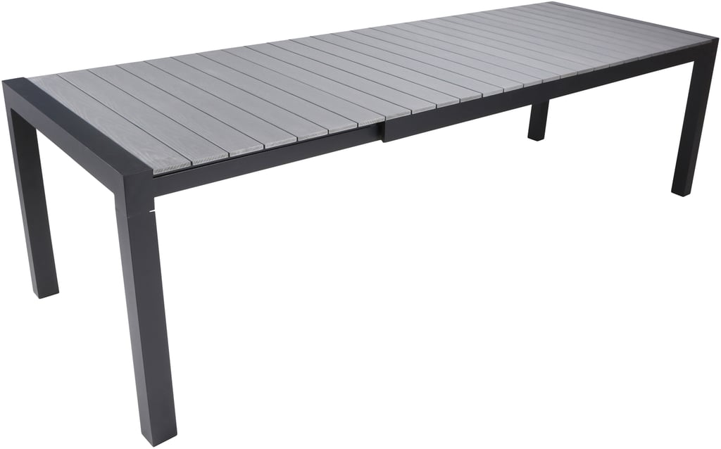 Dakota jatkopöytä 205/275x95cm: Tyylikäs Dakota jatkopöytä mustasta alumiinista ja harmaasta Easywoodista, täydellinen ulkoilmaruokailuun terassille tai puutarhaan. Säädettävä koko, kestävä ja moderni design.