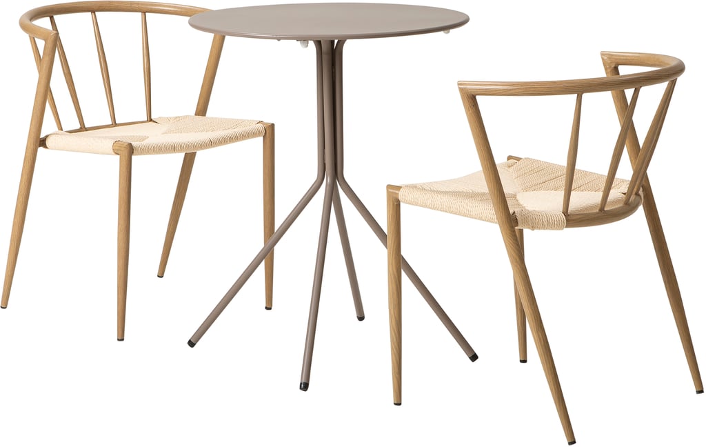 Trento & Deco ruokailuryhmä pyöreä 60cm kahdelle, khaki/beige: Tyylikäs Trento parveke- ja terassisetti, jossa pyöreä 60 cm khaki pöytä ja kaksi beige tammi-tuolia. Täydellinen ruokailuhetki ulkona!