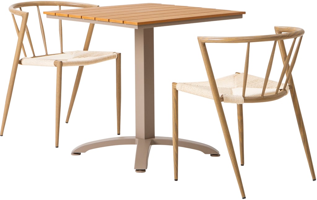 Albury & Deco ruokailuryhmä 70x70 kahdelle: Tyylikäs Albury ruokailuryhmä ulos, sisältää 70x70 cm tiikkipöydän ja kaksi beigeä deco-tuolia. Täydellinen parvekkeelle tai terassille.