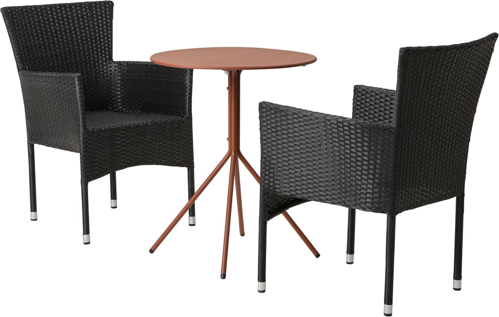 Trento & Bolton ruokailuryhmä pyöreä 60cm kahdelle punainen/musta: Tyylikäs punainen pyöreä parvekepöytä (60 cm) ja mustat Bolton-tuolit, täydellinen ulkoruokailuun ja rentoutumiseen. Sopii parvekkeelle tai terassille.
