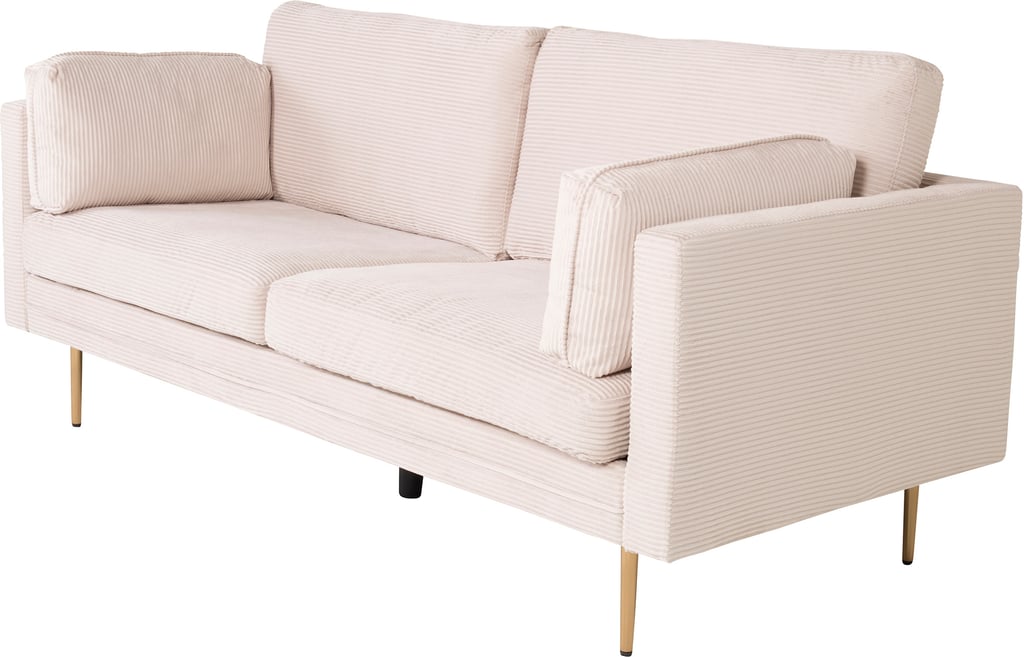 Boom 3-ist. sohva beige vakosametti: Tyylikäs 3-istuttava sohva vaaleassa raitakuviossa, valmistettu pehmeästä vakosametista. Erinomainen valinta olohuoneeseen moderniin sisustukseen.
