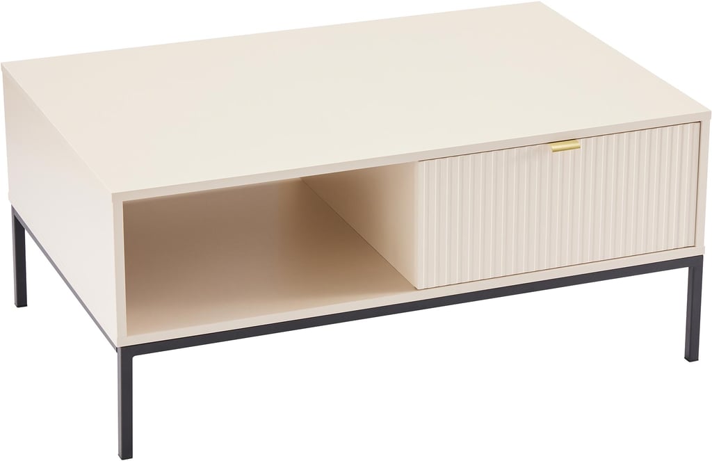 Caisa sohvapöytä beige: Tyylikäs greige-sohvapöytä, joka yhdistää säilytyksen ja muotoilun. Sopii moderniin olohuoneeseen ja tarjoaa käytännöllistä tilaa.