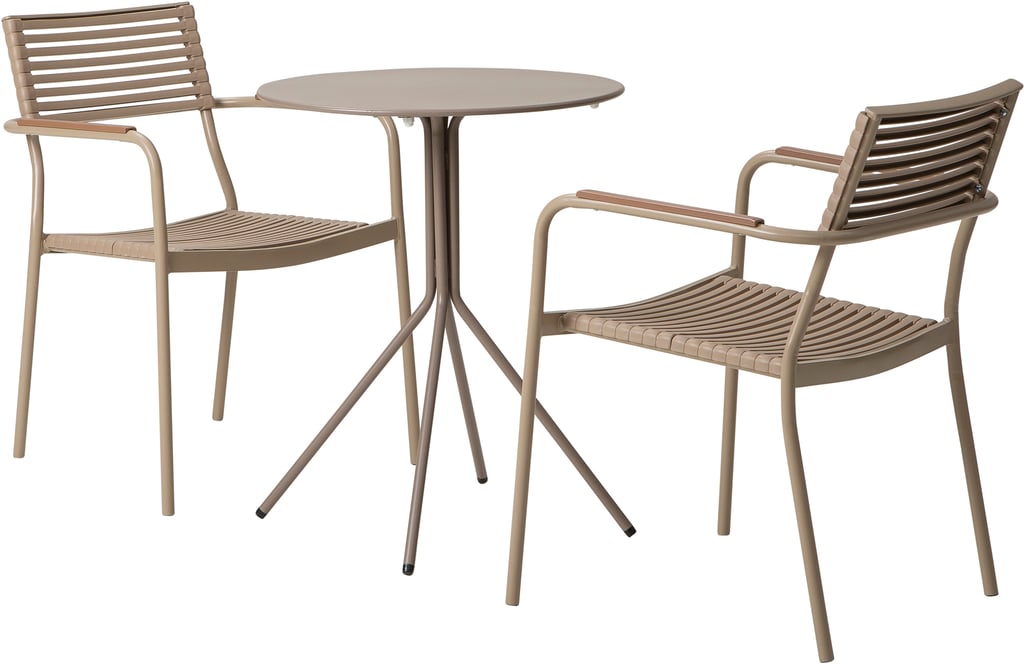 Trento & Calle ruokailuryhmä pyöreä 60cm kahdelle khaki/khaki: Tyylikäs Trento-pyöreä parvekepöytä (60 cm) khakivärissä, täydellinen parvekkeelle tai terassille. Yhdistä pinottaviin tuoleihin ruokailuryhmäksi.