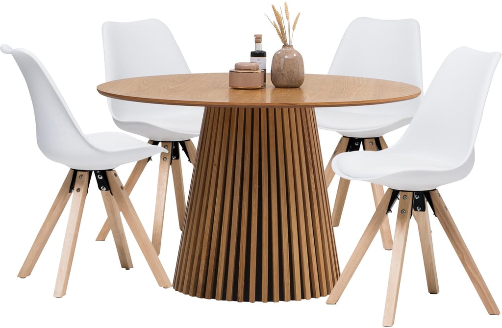 Metz & Concept Oak ruokailuryhmä (1+4): Tyylikäs pyöreä ruokapöytä neljälle, luonnonvärinen, moderni muotoilu. Täydellinen ruokailutilaan tai keittiöön. Mukana neljä valkoista tuolia.