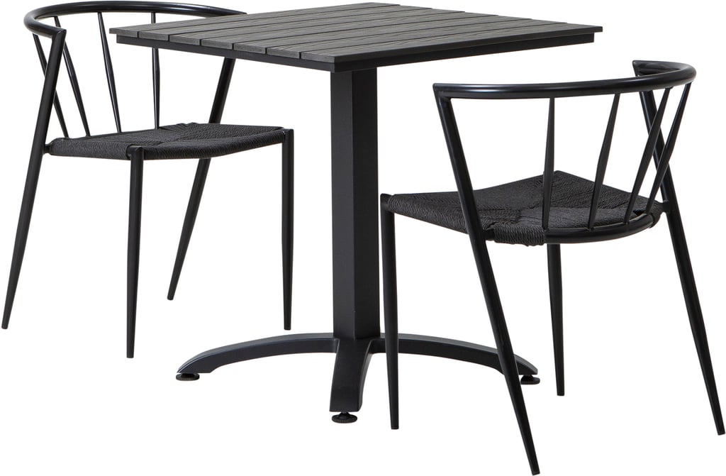 Dakota & Deco ruokailuryhmä 70x70 kahdelle: Tyylikäs Dakota-pöytä (70x70 cm) musta-harmaana, täydellinen ulkoruokailuryhmään. Mukana 2 deco-tuolia mustalla rungolla ja naruilla. Sopii terassille ja parvekkeelle.