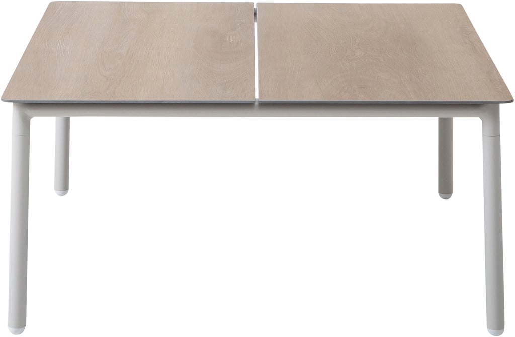 Nordic sohvapöytä 90x90cm 2025: Tyylikäs Nordic-sohvapöytä valkoisesta alumiinista ja hiekan värisestä kansimateriaalista, täydellinen terassille tai puutarhaan. Kestävä ja moderni.