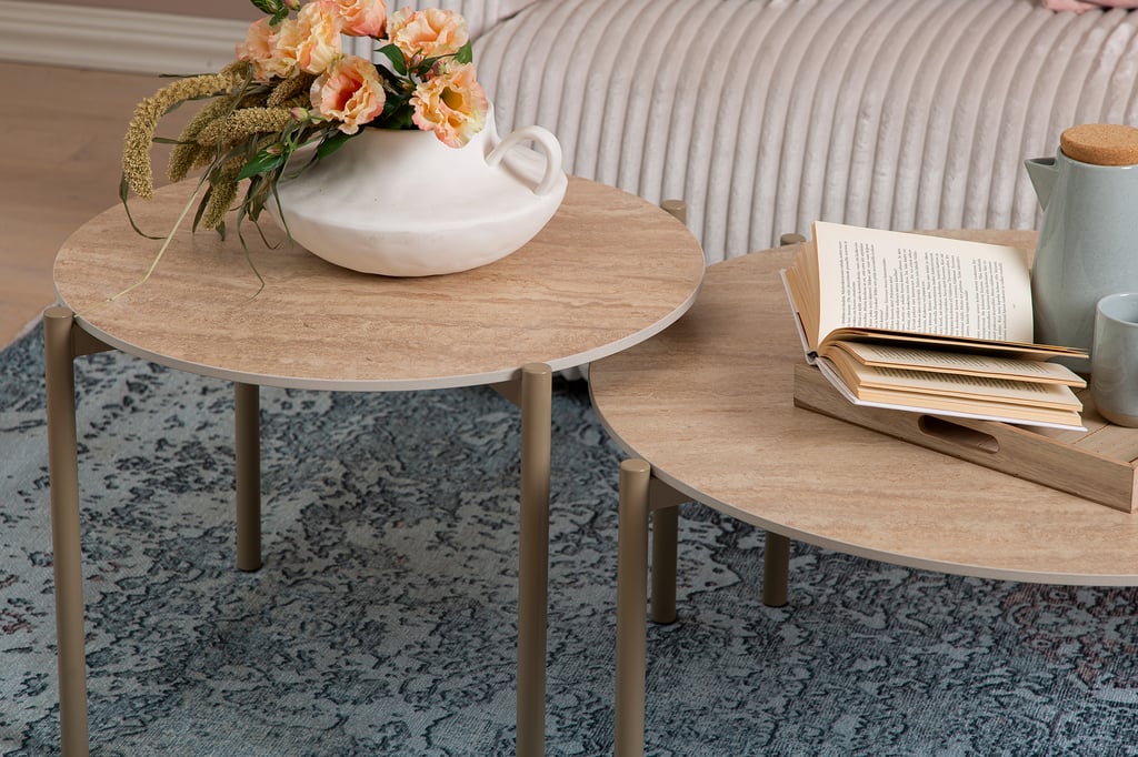 N &L Tilda sarjapöydät pyöreä 85x40 + 65x45, beige kivi / metallijalat