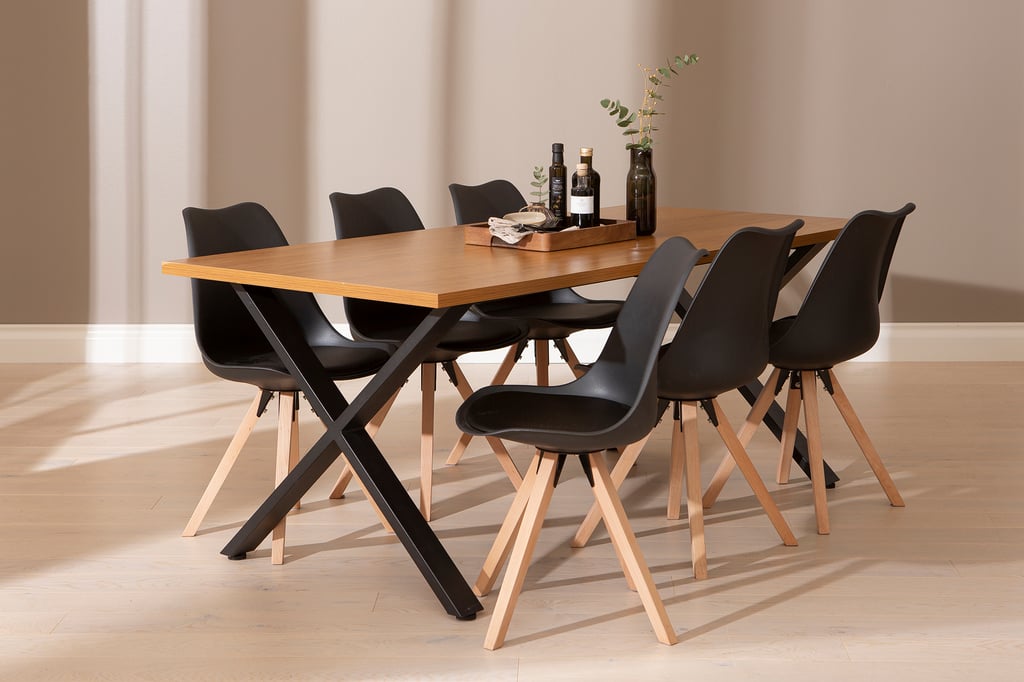 Cenni & Concept Oak ruokailuryhmä 190x90 kuudelle: Moderni ruokapöytä kuudelle, tammi-melamiinia mustalla jalalla. Tyylikäs ja kestävä valinta ruokailutilaan. Sopii täydellisesti perhe- ja ystävätilaisuuksiin.