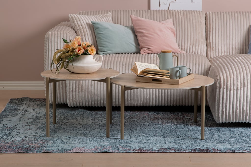 N &L Tilda sarjapöydät pyöreä 85x40 + 65x45, beige kivi / metallijalat