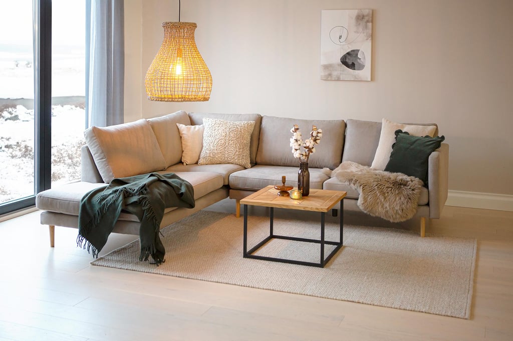 Copenhagen Scandic avokulmasohva (vasen), Soro 23 greige / tammijalat