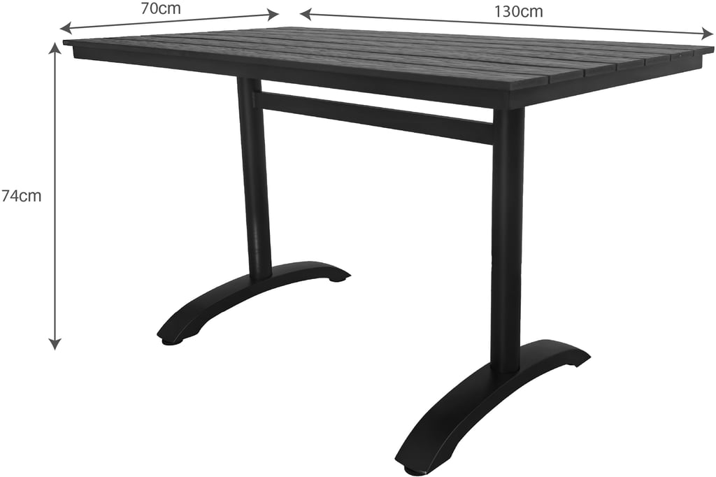 Dakota ruokapöytä 130x70cm: Tyylikäs musta alumiinirakenteinen ruokapöytä, 130x70 cm, täydellinen ulkokäyttöön terassille tai parvekkeelle. Kestävä ja helppohoitoinen.