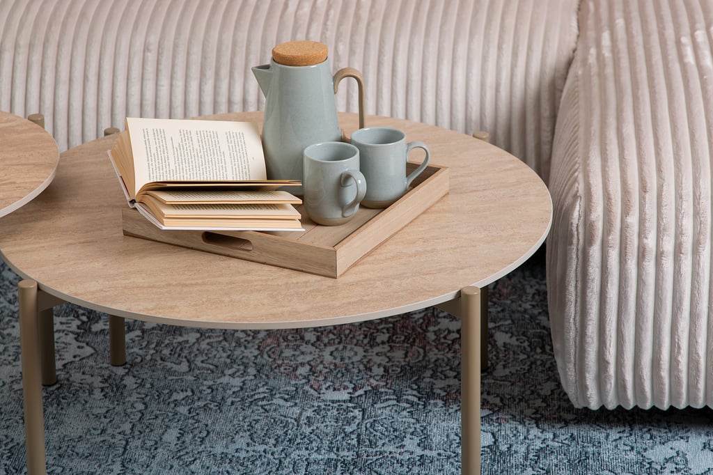 N &L Tilda sarjapöydät pyöreä 85x40 + 65x45, beige kivi / metallijalat