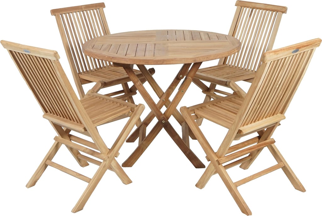 Malibu ruokaryhmä (1+4): Malibu ruokailuryhmä, taitettava 100 cm pöydällä ja teak-puusta. Ihanteellinen terassille tai parvekkeelle, tarjoaa tyylikkään ja käytännöllisen ratkaisun ulkoilmaelämään.