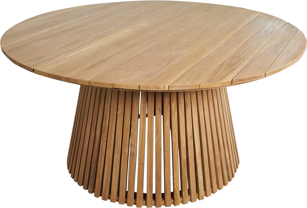 Deco ruokapöytä pyöreä 150cm natural tiikki: Tyylikäs pyöreä ruokapöytä ulos, 150 cm, luonnon teakista. Täydellinen terassille tai puutarhaan ruokailuun ja rentoutumiseen.