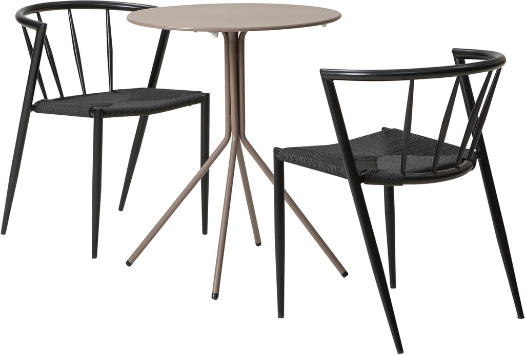 Trento & Deco ruokailuryhmä pyöreä 60cm kahdelle, khaki/musta: Tyylikäs pyöreä parvekepöytä ja kaksi mustaa Deco-tuolia. Erinomainen valinta ulkoruokailuun tai rentoutumiseen terassilla. Sopii täydellisesti parvekkeelle tai pihalle.
