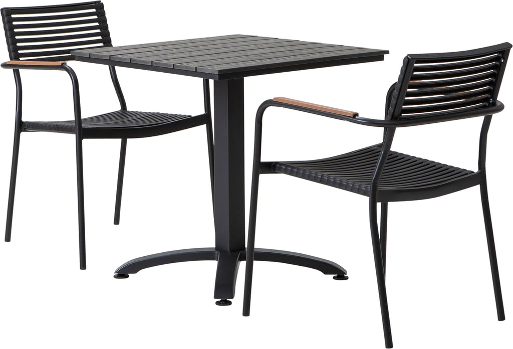 Dakota & Calle ruokailuryhmä 70x70 kahdelle: Tyylikäs Dakota-ruokailuryhmä ulos, sisältää 70x70 cm mustan pöydän ja kaksi pinottavaa tuolia. Täydellinen parvekkeelle tai terassille!