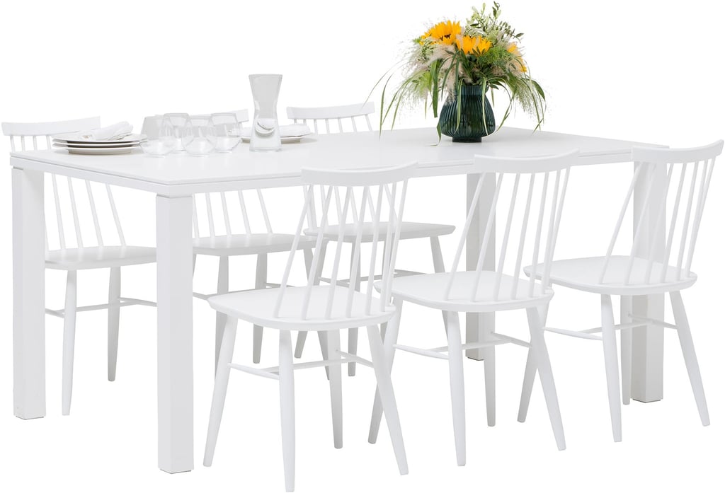 Nova & Reino ruokailuryhmä 90x170 kuudelle valkoinen: Tyylikäs ruokapöytä kuudelle, moderni design ja valkoiset Reino-tuolit. Sopii täydellisesti ruokailutilaan tai avaraan keittiöön.