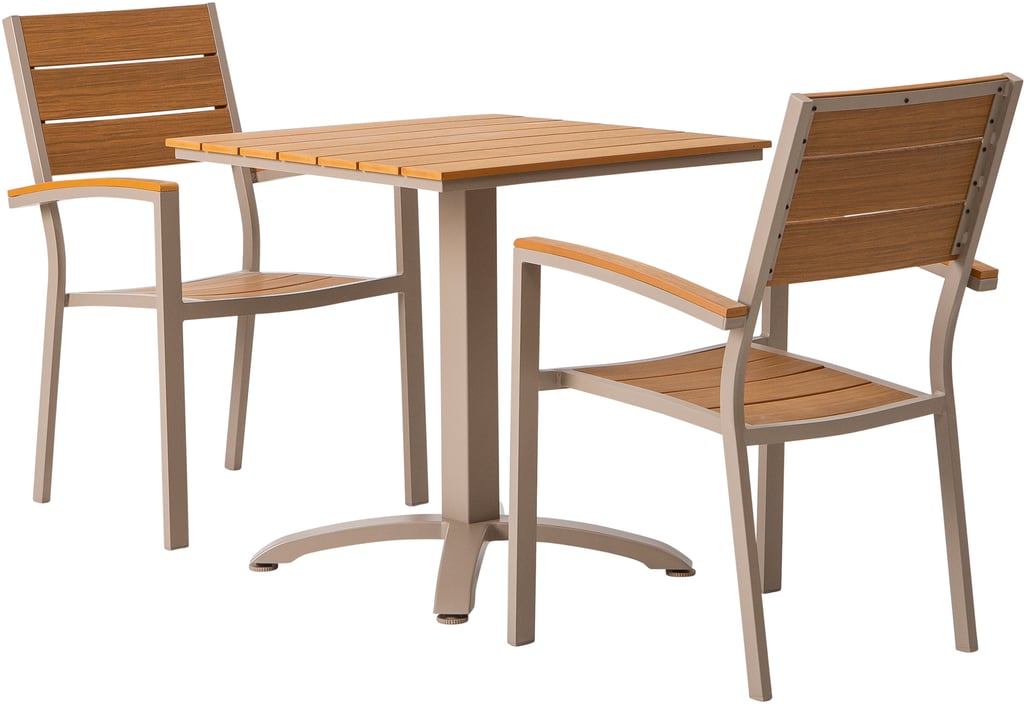 Albury ruokailuryhmä 70x70 kahdelle: Tyylikäs Albury-parvekepöytä, 70x70 cm, taupe-alumiinia ja tiikkiä. Täydellinen ulkoruokailuun ja terassille. Kestävä ja moderni muotoilu.