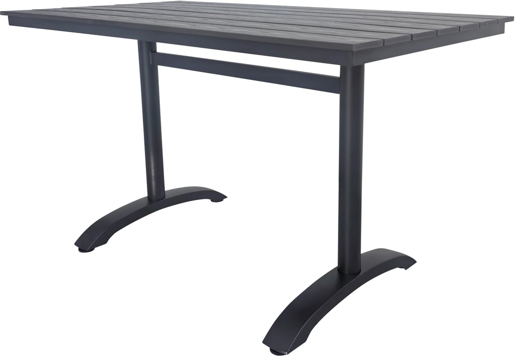 Dakota ruokapöytä 130x70cm: Tyylikäs musta alumiininen ruokapöytä, 130x70 cm, harmaa Easywood-pinta. Erinomainen valinta terassille, parvekkeelle tai ulkoruokailuun.