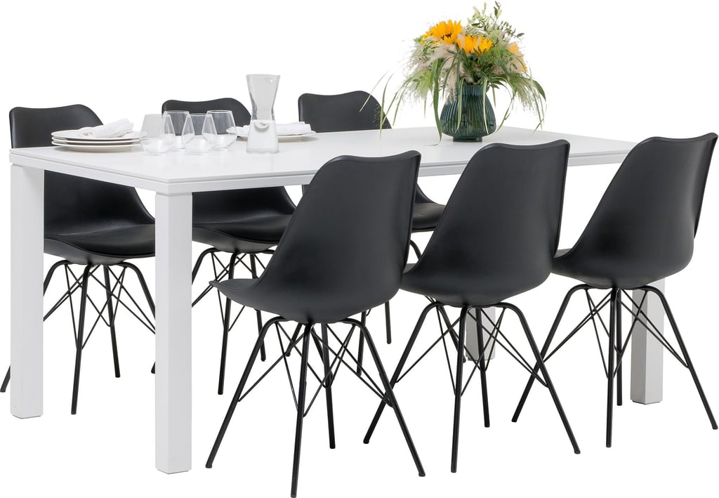 Nova & Concept Black ruokailuryhmä 90x170 kuudelle valkoinen: Tyylikäs ruokapöytä kuudelle, moderni muotoilu mustalla pinnalla. Sopii täydellisesti ruokailutilaan tai avaraan keittiöön.