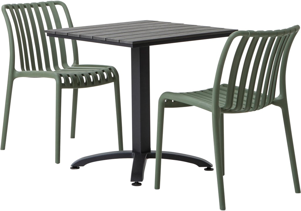 Dakota & Avellino ruokailuryhmä 70x70 kahdelle (ilman käsinojia): Tyylikäs 70x70 cm musta-harmaa puupöytä Avellino-tuoleilla, täydellinen ulkoruokailuryhmään terassille tai puutarhaan. Kestävä ja moderni muotoilu.