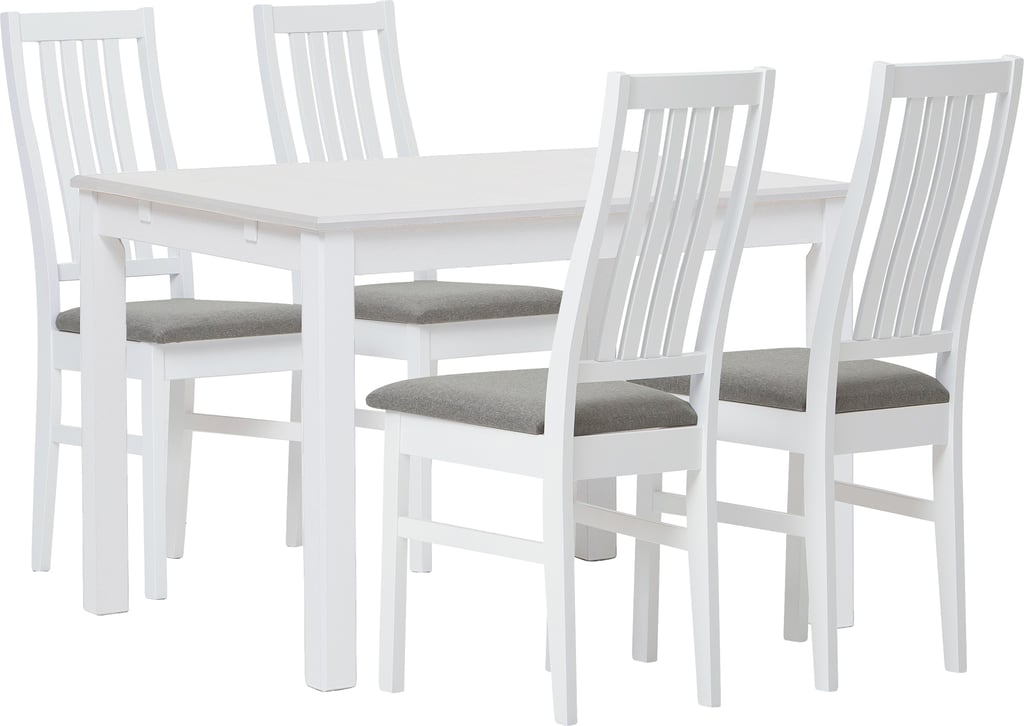 Hovi ruokailuryhmä 120x85. Valkoinen pöytä. Valkoinen tuoli, vaaleanharmaa verhoilu: Tyylikäs valkoinen ruokapöytä 120x85 cm ja neljä Delux-tuolia. Sopii täydellisesti ruokailutilaan, tilaa kahdelle tai neljälle.