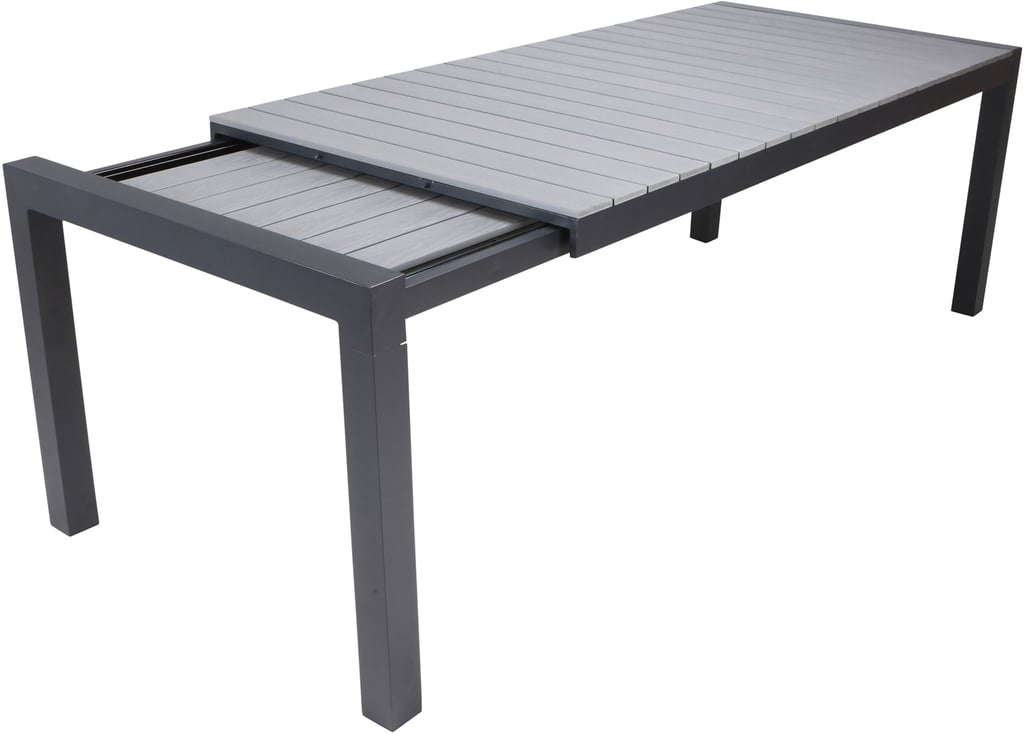 Dakota jatkopöytä 205/275x95cm: Tyylikäs ja kestävä Dakota jatkopöytä ulkokäyttöön. Musta alumiini ja harmaa Easywood yhdistävät muotoilun ja käytännöllisyyden. Sopii täydellisesti terassille tai puutarhaan, ruokailuryhmän ytimeksi.