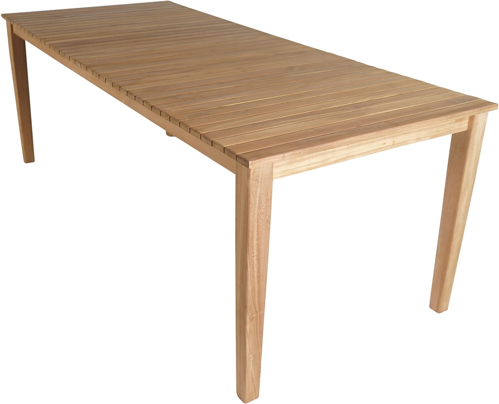 Piemonte ruokapöytä 210x100 natural tiikki: Tyylikäs Piemonte ruokapöytä, 210x100 cm, luonnon tiikistä. Täydellinen ulkotiloihin, terassille tai puutarhaan, kestävä ja kaunis.