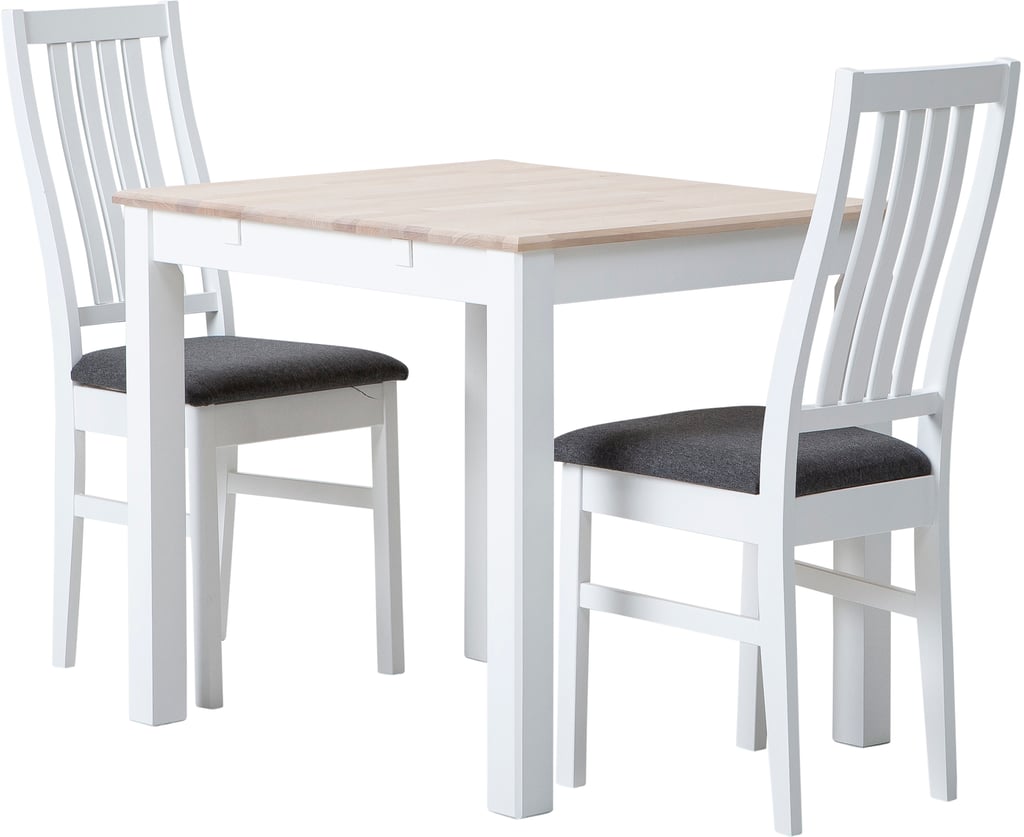 Hovi ruokailuryhmä 70x85cm kahdelle, valkoinen/valkolakattu pöytä, valkoinen Delux-tuoli, tummanharmaa verhoilu
