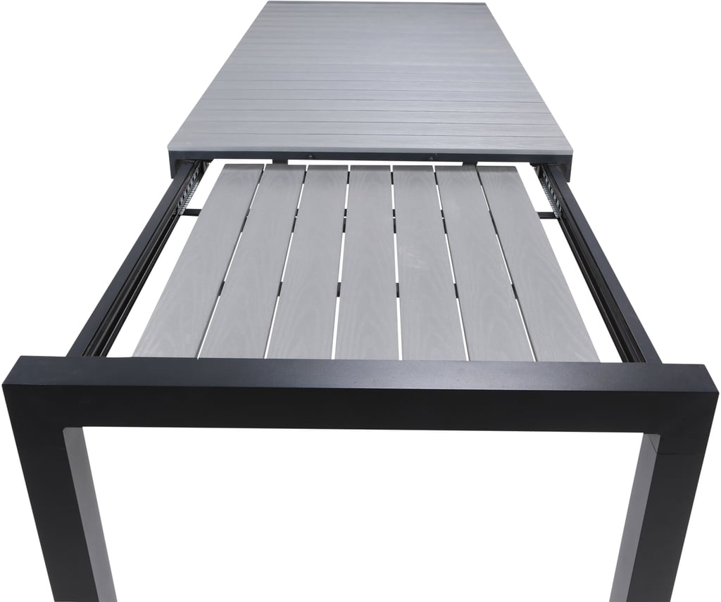 Dakota jatkopöytä 205/275x95cm: Tyylikäs musta alumiinijatkopöytä, 205-275x100 cm, täydellinen ulkoruokailuun. Kestävä ja helppohoitoinen, ihanteellinen terassille tai puutarhaan.