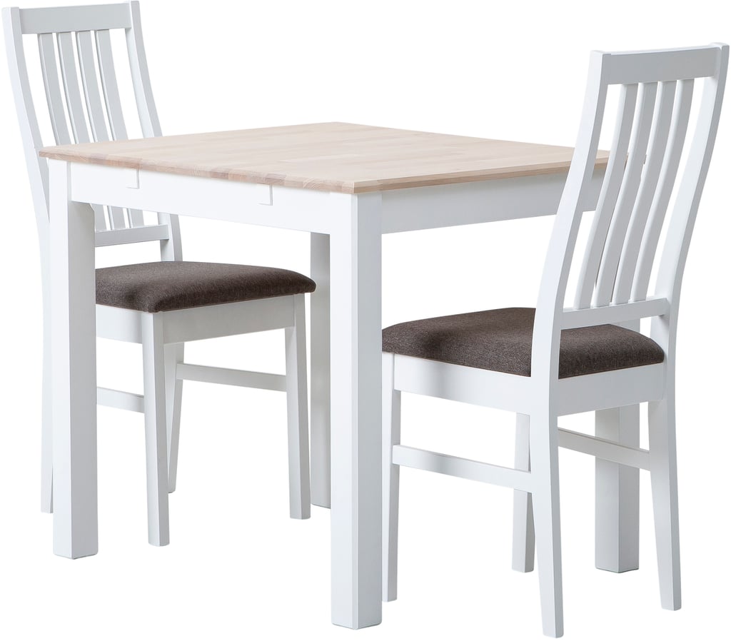 Hovi ruokailuryhmä 70x85cm kahdelle, valkoinen/valkolakattu pöytä, valkoinen Delux-tuoli, ruskea verhoilu